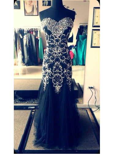 Black Prom Dresses Sheath Sweetheart Floor-length Rhinestone Long Prom Dress JKL532