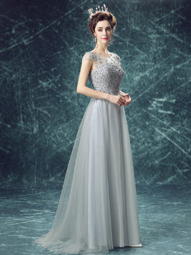 Long Prom Dresses Scoop Floor-length Appliques Beading Tulle Prom Dress JKL533