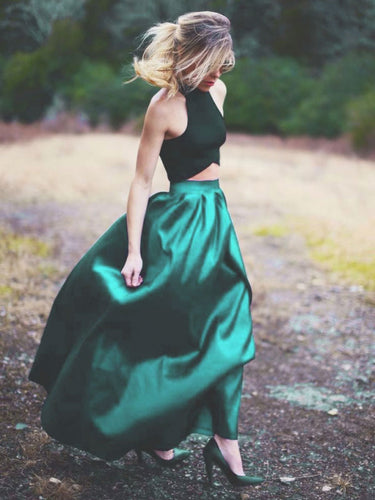 Two Piece Prom Dresses A-line Halter Long Hunter Green Prom Dress Satin Evening Dress JKL534