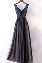 Long Prom Dresses Straps V-neck A-line Embroidery Sexy Black Prom Dress JKL538