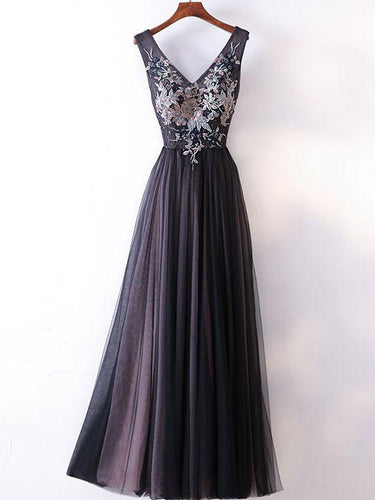 Long Prom Dresses Straps V-neck A-line Embroidery Sexy Black Prom Dress JKL538