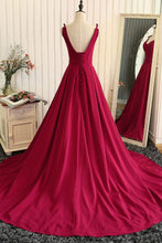 Burgundy Prom Dresses A-line V-neck Sweep Train Lace-up Long Prom Dress JKL539