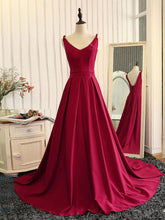 Burgundy Prom Dresses A-line V-neck Sweep Train Lace-up Long Prom Dress JKL539