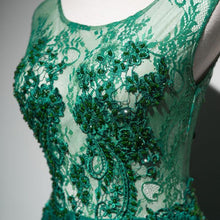 Long Prom Dresses Scoop Brush Train Hunter Green Beading Lace Prom Dress JKL540