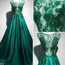 Long Prom Dresses Scoop Brush Train Hunter Green Beading Lace Prom Dress JKL540