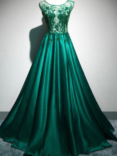 Long Prom Dresses Scoop Brush Train Hunter Green Beading Lace Prom Dress JKL540