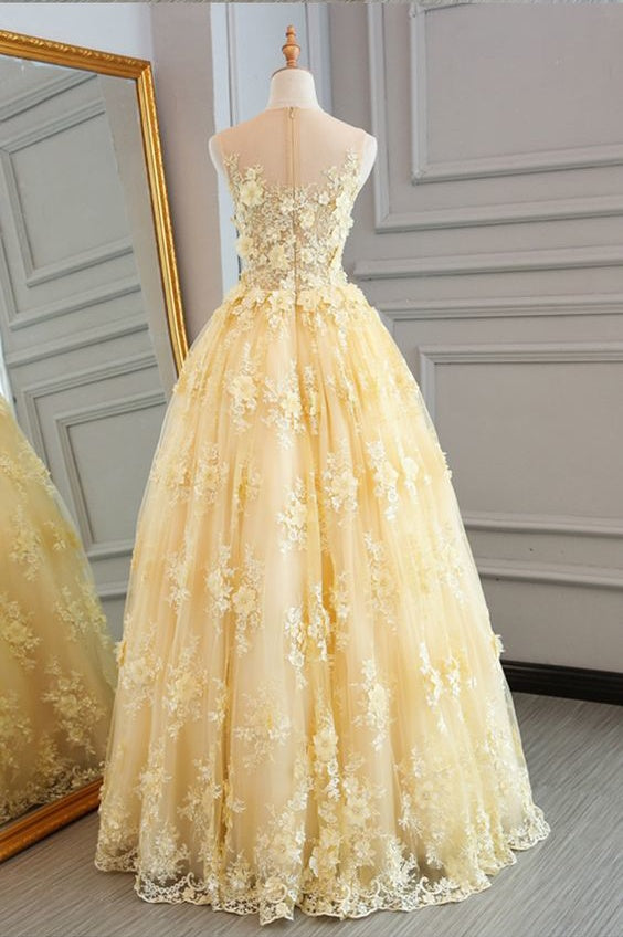 Long Prom Dresses Scoop A-line Floor-length Lace Sexy Yellow Prom Dres – Anna PromDress