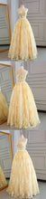 Long Prom Dresses Scoop A-line Floor-length Lace Sexy Yellow Prom Dress JKL545