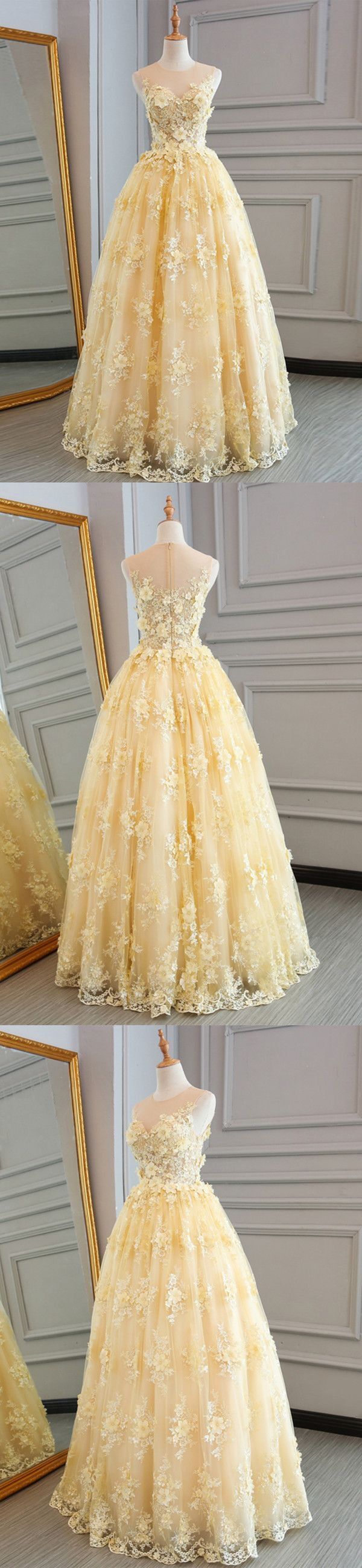 yellow floral prom dress Long Prom Dresses Scoop A-line Floor-length Lace Sexy Yellow Prom Dres – Anna PromDress