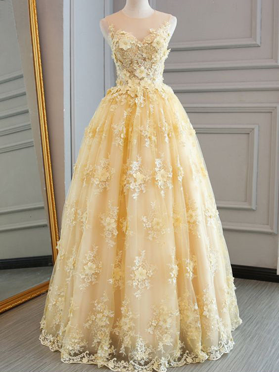 Long Prom Dresses Scoop A-line Floor-length Lace Sexy Yellow Prom Dres   Anna PromDress