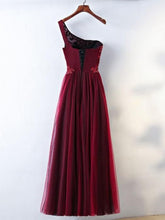 Burgundy Prom Dresses A-line One Shoulder Appliques Lace-up Long Prom Dress JKL546