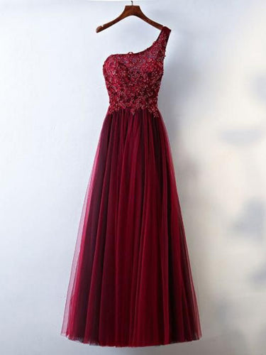 Burgundy Prom Dresses A-line One Shoulder Appliques Lace-up Long Prom Dress JKL546