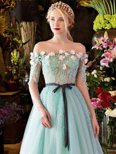 Long Prom Dresses A-line Off-the-shoulder Brush Train Beading Long Sleeve Prom Dress JKL547