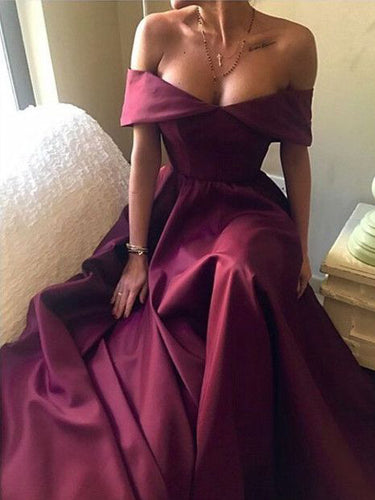 Sexy Prom Dresses Off-the-shoulder A-line Burgundy Long Prom Dress JKL549