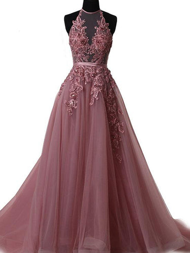 Sexy Prom Dresses Halter Appliques Lace-up Long Prom Dress Sexy Evening Dress JKL550