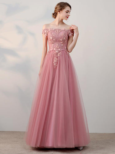 Modest Prom Dresses Off-the-shoulder Appliques A-line Long Tulle Prom Dress JKL556