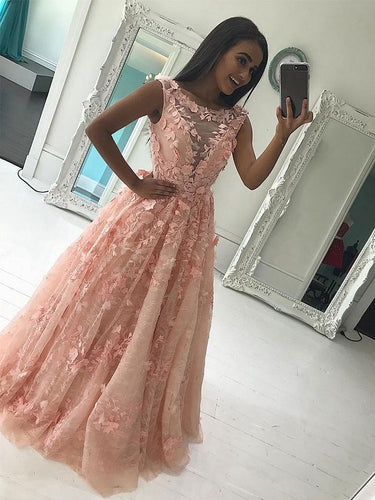 Lace Prom Dresses Scoop A-line Floor Length Appliques Long Prom Dress JKL559