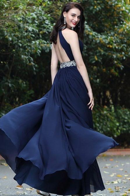 Cheap Prom Dresses Halter Floor-length Appliques Dark Navy Chiffon Sexy Prom Dress JKL561 Anna PromDress Cheap Prom Dresses Halter Floor-length Appliques Dark Navy Chiffon Sexy Prom Dress JKL561 Anna PromDress