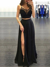 Two Piece Prom Dresses Spaghetti Straps A line Sexy Black Long Prom Dress JKL562