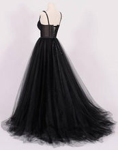 Black Prom Dresses Straps A line Sweep Train Appliques Long Sexy Prom Dress JKL563