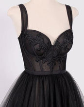 Black Prom Dresses Straps A line Sweep Train Appliques Long Sexy Prom Dress JKL563