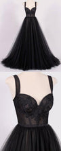 Black Prom Dresses Straps A line Sweep Train Appliques Long Sexy Prom Dress JKL563