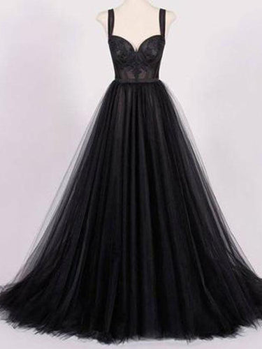 Black Prom Dresses Straps A line Sweep Train Appliques Long Sexy Prom Dress JKL563