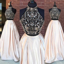 Two Piece Prom Dresses High Neck A-line Floor-length Rhinestone Sexy Prom Dress JKL570