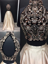 Two Piece Prom Dresses High Neck A-line Floor-length Rhinestone Sexy Prom Dress JKL570