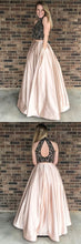 Two Piece Prom Dresses High Neck A-line Floor-length Rhinestone Sexy Prom Dress JKL570