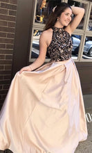 Two Piece Prom Dresses High Neck A-line Floor-length Rhinestone Sexy Prom Dress JKL570