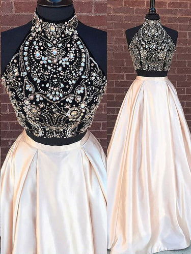 Two Piece Prom Dresses High Neck A-line Floor-length Rhinestone Sexy Prom Dress JKL570