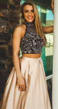 Two Piece Prom Dresses High Neck A-line Floor-length Rhinestone Sexy Prom Dress JKL570|Annapromdress
