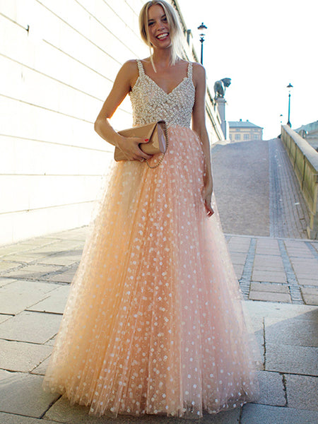 Sparkly Prom Dresses A-line Straps Beading Long Beautiful Prom Dress Sexy Evening Dress JKL572