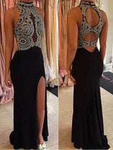 Black Prom Dresses High Neck Short Train Rhinestone Slit Prom Dress Long Evening Dress JKL574