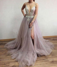 Chic Prom Dresses Open Back Spaghetti Straps A-line Rhinestone Sexy Long Prom Dress JKL576