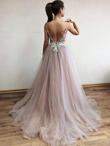 Chic Prom Dresses Open Back Spaghetti Straps A-line Rhinestone Sexy Long Prom Dress JKL576