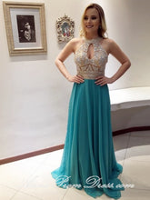 Chic Prom Dresses Halter Short Train Rhinestone Long Prom Dress Sexy Evening Dress JKL579