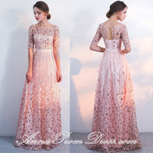 Pink Prom Dresses Scoop Aline Floor-length Lace Tulle Beautiful Prom Dress JKL580|Annapromdress