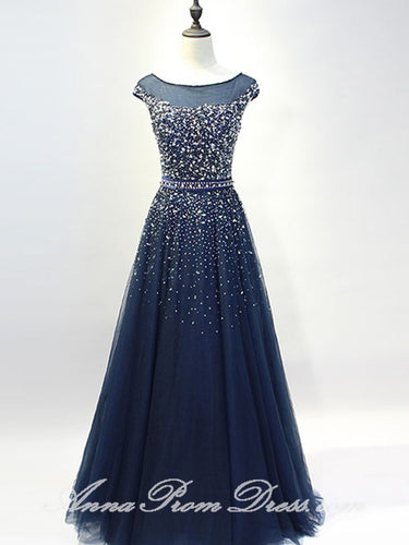 Tulle Prom Dresses Bateau A Line Rhinestone Dark Navy Sexy Long Prom Dress JKL581