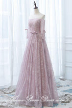 Long Prom Dresses Off-the-shoulder Aline Floor-length Lace Tulle Pink Prom Dress JKL584