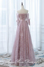 Long Prom Dresses Off-the-shoulder Aline Floor-length Lace Tulle Pink Prom Dress JKL584