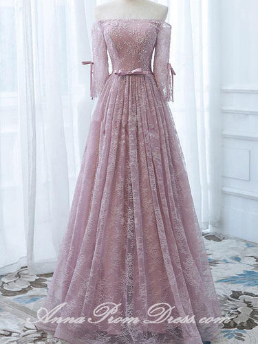 Long Prom Dresses Off-the-shoulder Aline Floor-length Lace Tulle Pink Prom Dress JKL584