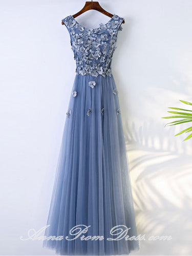 Long Prom Dresses Scoop A Line Appliques Lavender Tulle Chic Prom Dress JKL585