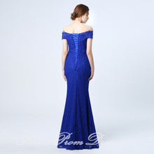 Lace Prom Dresses Off-the-shoulder A Line Floor-length Lace-up Royal Blue Prom Dress JKL586