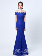 Lace Prom Dresses Off-the-shoulder A Line Floor-length Lace-up Royal Blue Prom Dress JKL586