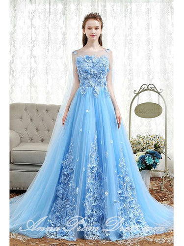 Beautiful Prom Dresses A Line Bateau Sweep Train Light Sky Blue Lace Prom Dress JKL587
