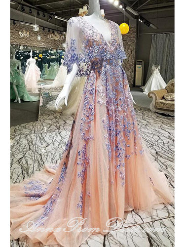 Luxury Prom Dresses V Neck Sweep Train Embroidery Long Prom Dress Sexy Evening Dress JKL590
