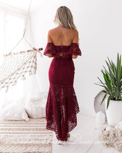 Two Piece Prom Dresses Off The Shoulder Mermaid Burgundy Lace High Low Prom Dress JKL591
