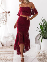 Two Piece Prom Dresses Off The Shoulder Mermaid Burgundy Lace High Low Prom Dress JKL591